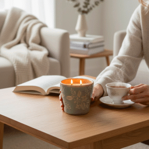 Candela in Vaso di Ceramica con fiori delicati