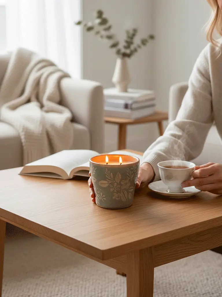 Candela in Vaso di Ceramica con fiori delicati