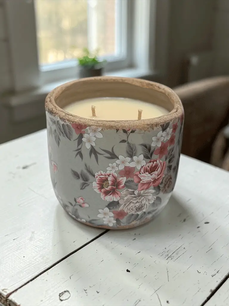 Candela in Vaso di ceramica con fiori decorativi - immagine 2