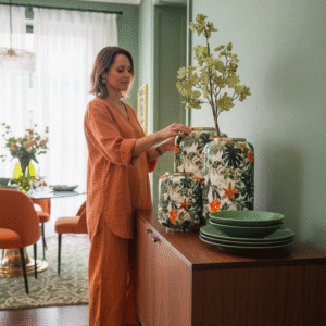 Vaso in Metallo dipinto Monstera