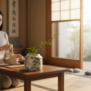 Vaso in Ceramica Japonica con Fiori Verdi