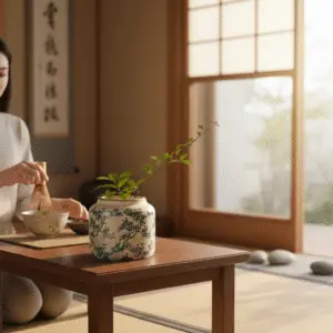 Vaso in Ceramica Japonica con Fiori Verdi