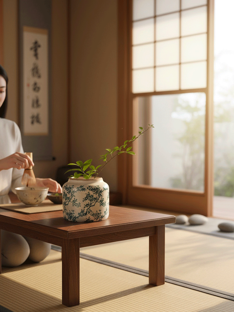 Vaso in Ceramica Japonica con Fiori Verdi