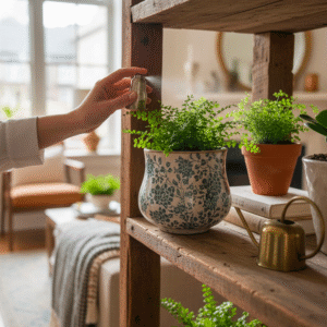 Vaso in Ceramica Beige e Fiori Verdi dipinti
