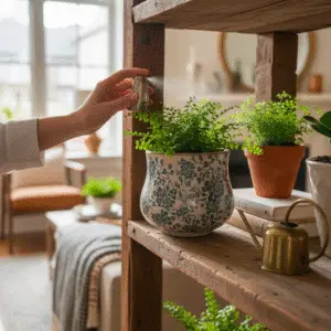 Vaso in Ceramica Beige e Fiori Verdi dipinti